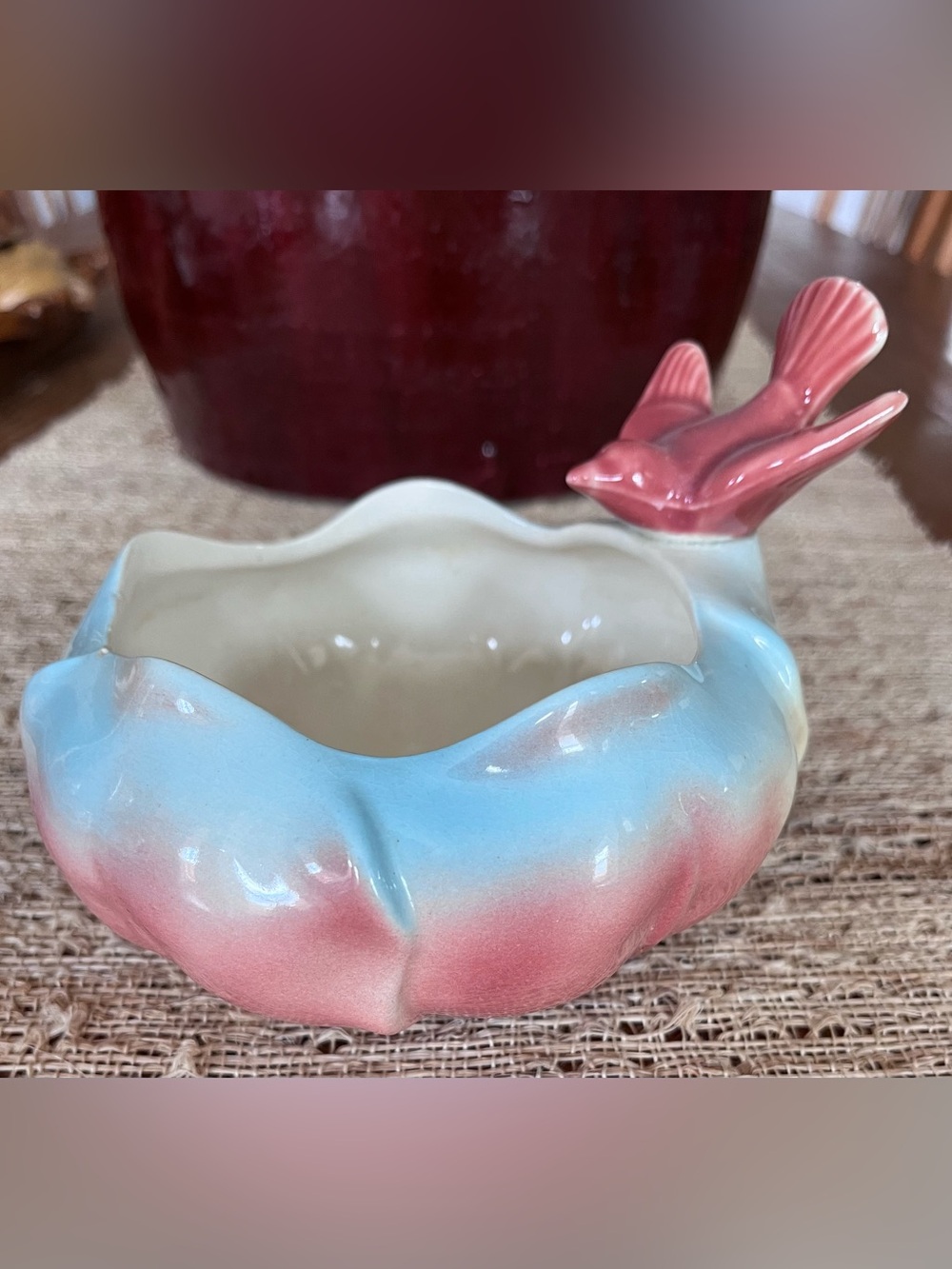 Royal Copley Ceramic Decorative Bowl in Pink and Blue with Bird Accent